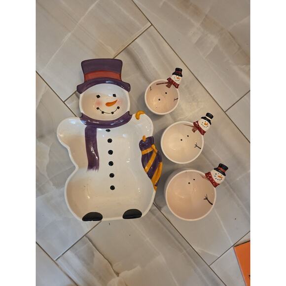 Snowman Ceramic Serving Dish Set 4 Pieces Holiday Christmas Bowls Platte - Picture 5 of 16